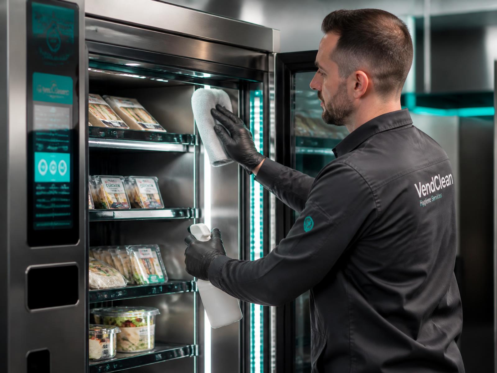 Geschulter Mitarbeiter reinigt einen gekühlten Verkaufsautomaten